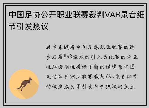 中国足协公开职业联赛裁判VAR录音细节引发热议